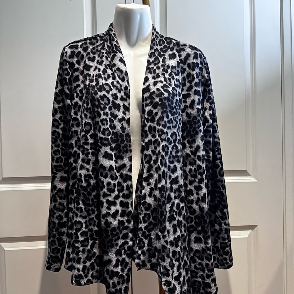 Black Leopard Print Open-Front Sweater with zip up over shoulder.